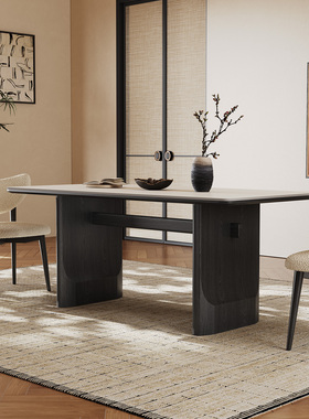 黑色实木餐桌长方形轻奢现代简约佛山高端家用纯白哑光岩板餐桌