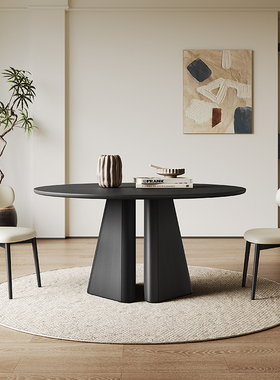 意式黑色实木餐桌椅圆形1.5米高端家用10人复古风全实木岩板圆桌