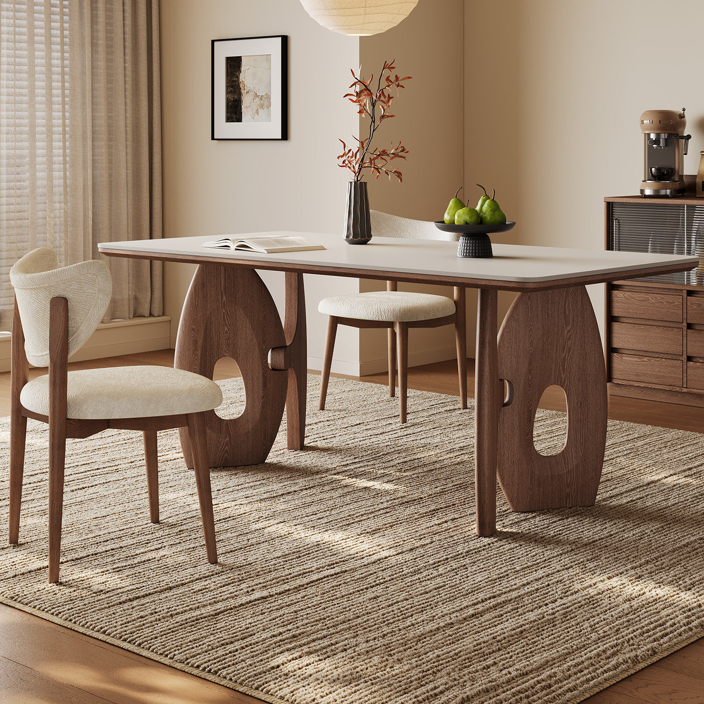 中古风岩板餐桌长方形2025新款家用餐厅一桌四椅胡桃木色实木餐桌