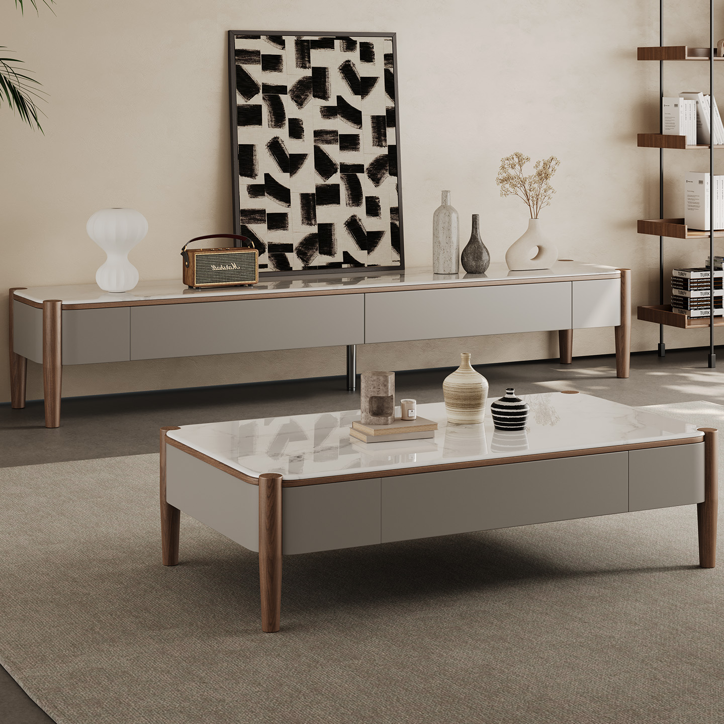 微晶石长方形茶几电视柜组合现代简约轻奢风设计师款家用储物茶几