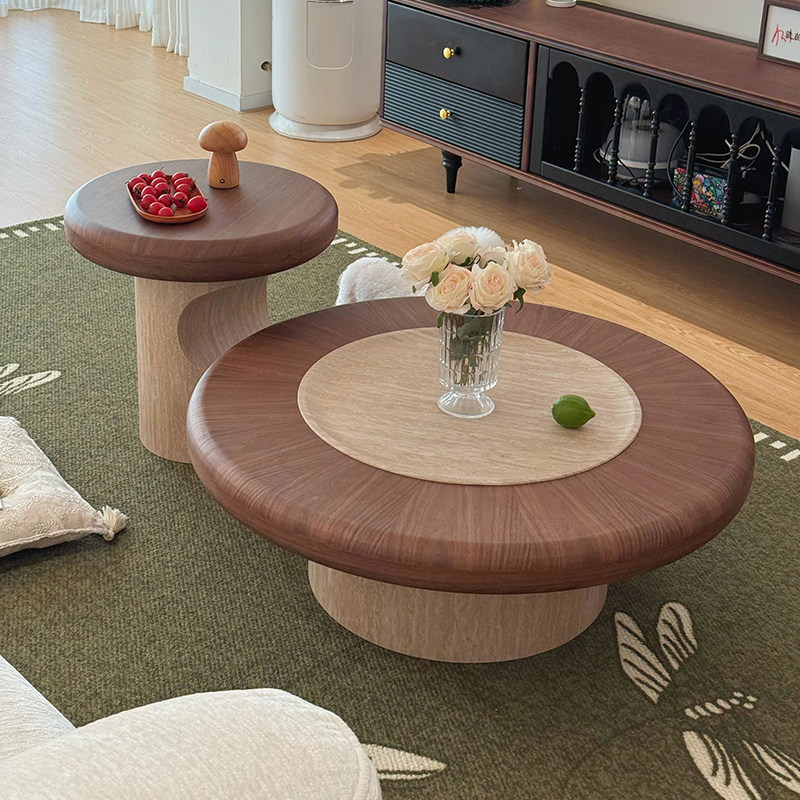 中古风洞石圆形茶几2026新款家用小户型高级感蘑菇大小圆茶几组合