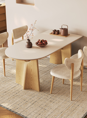 奶油风餐桌2026新款小户型原木白色岩板饭桌靠墙飞鸦半圆实木餐桌