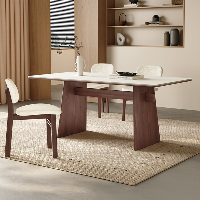 中古风实木餐桌长方形家用现代简约胡桃色北欧侘寂风纯白岩板餐桌