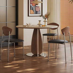 奥古斯特 弦音实木岩板餐桌中古风1米方圆两用形折叠洞石岩板圆桌