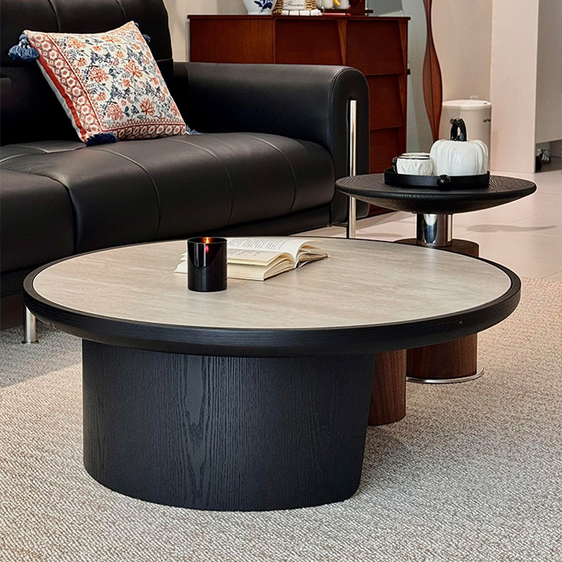 中古风洞石大小圆茶几组合2026新款小户型客厅家用高级感圆形茶几