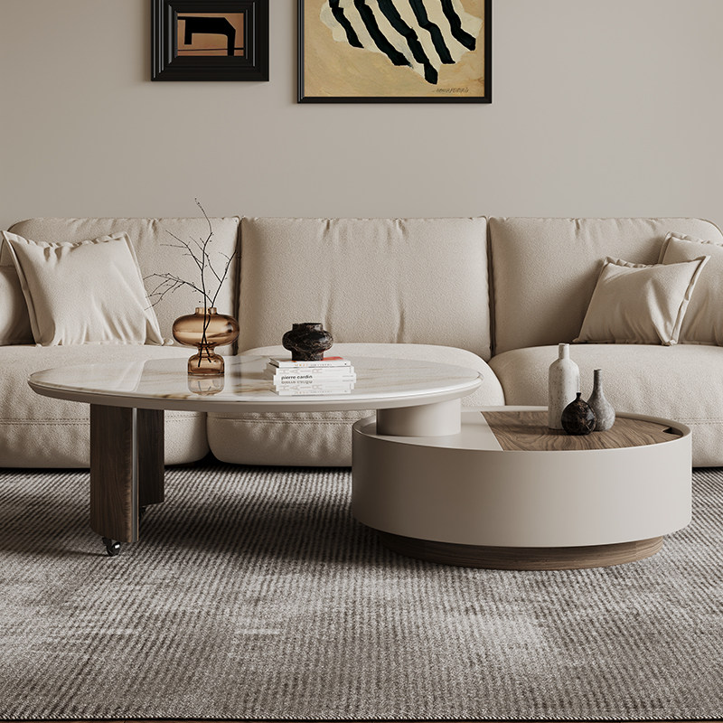 可旋转圆形茶几客厅家用创意茶桌2025新款意式多功能储物岩板茶几