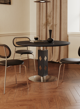 中古风实木餐桌圆形小户型家用2025新款包豪斯侘寂风黑色岩板圆桌