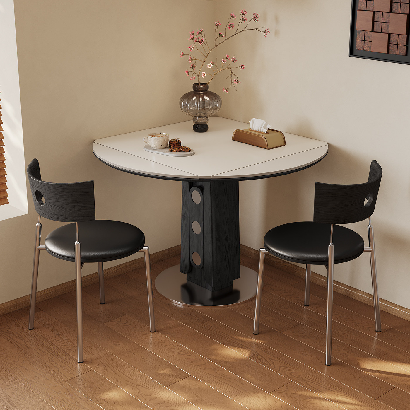 奥古斯特实木餐桌可变圆桌黑色靠墙正方形饭桌哑光伸缩岩板餐桌