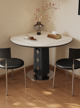 奥古斯特实木餐桌可变圆桌黑色靠墙正方形饭桌哑光伸缩岩板餐桌