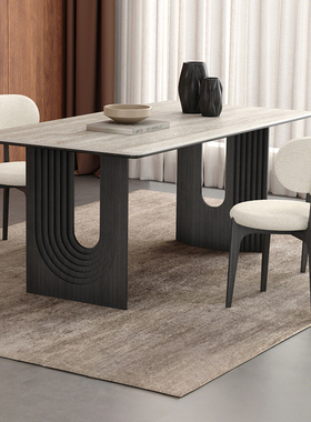 全托洞石岩板餐桌长方形现代简约设计师复古风黑色实木餐桌小户型