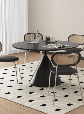 黑色岩板餐桌意式极简圆桌现代简约家用高端华尔兹带转盘圆形餐台