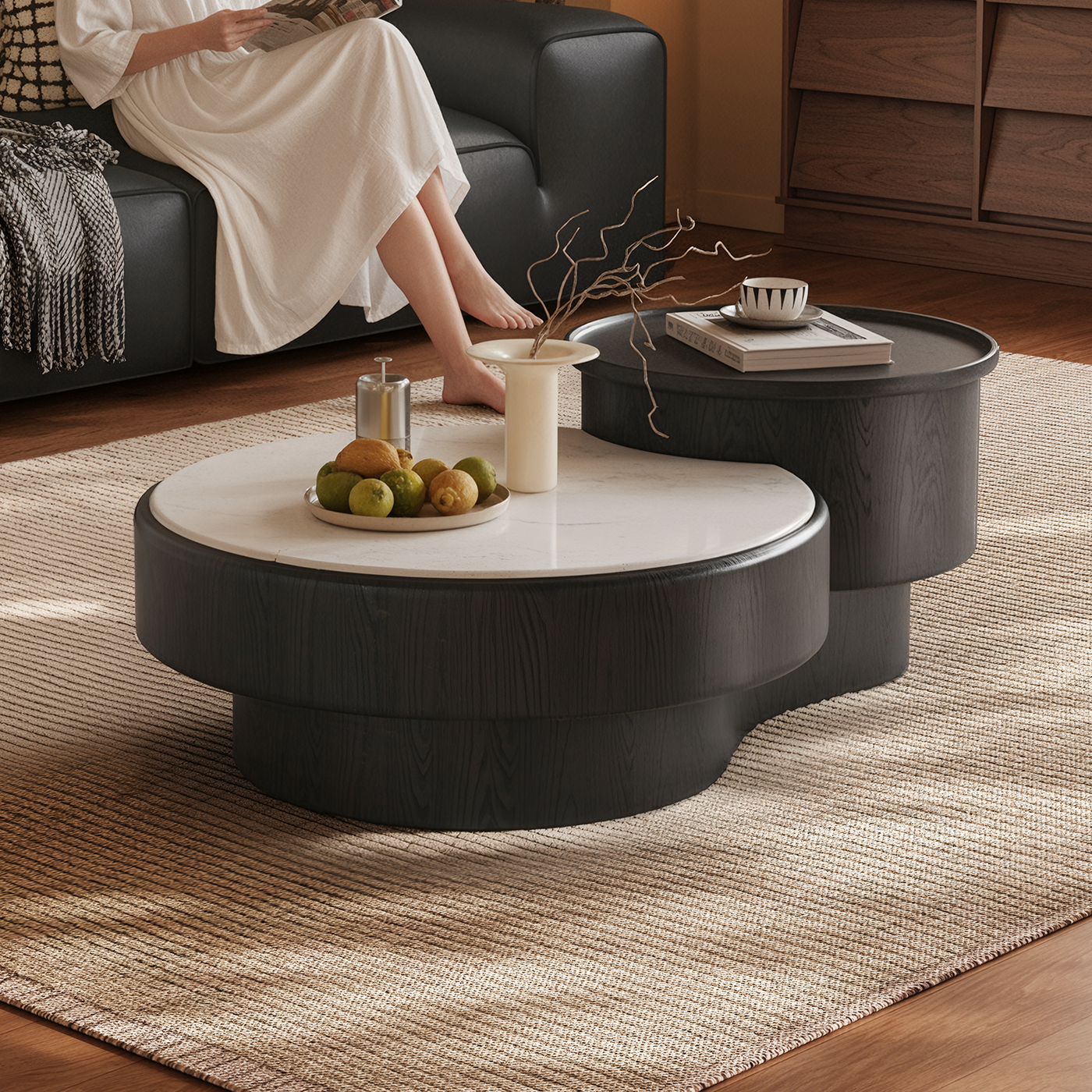 升降茶几客厅家用2025新款小户型意式极简大小圆组合微晶石茶几