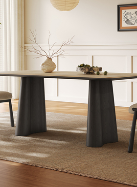 实木餐桌家用小户型黑色2025新款现代简约长方形复古洞石岩板餐桌