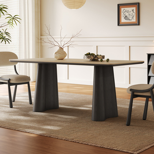 实木餐桌家用小户型黑色2025新款 现代简约长方形复古洞石岩板餐桌