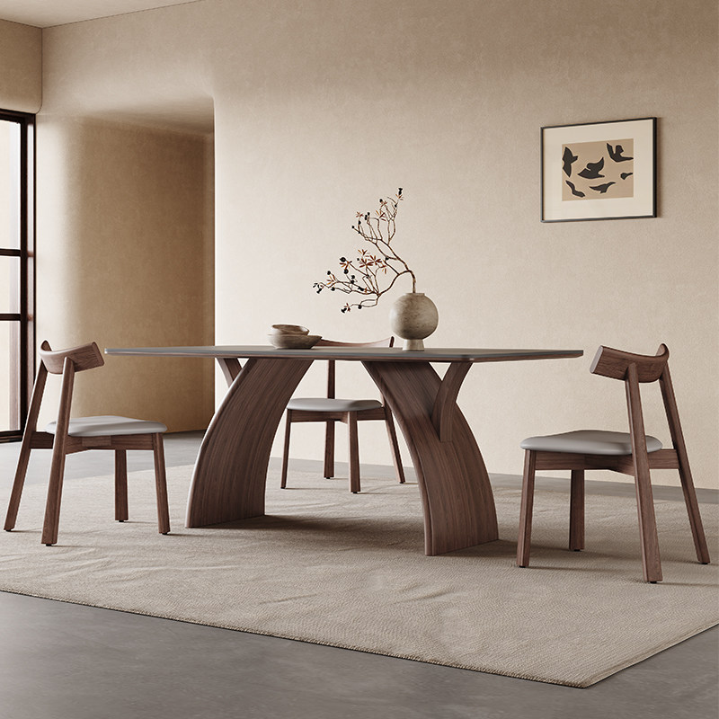 意式岩板餐桌现代简约家用小户型胡桃木色长方形轻奢北欧实木餐桌