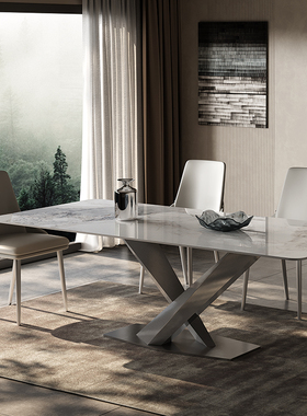 奥古斯特意式极简岩板餐桌高端灰色亮光长方形轻奢现代餐桌椅组合