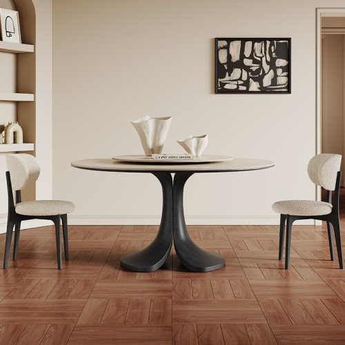 奥古斯特高端复古实木岩板圆桌