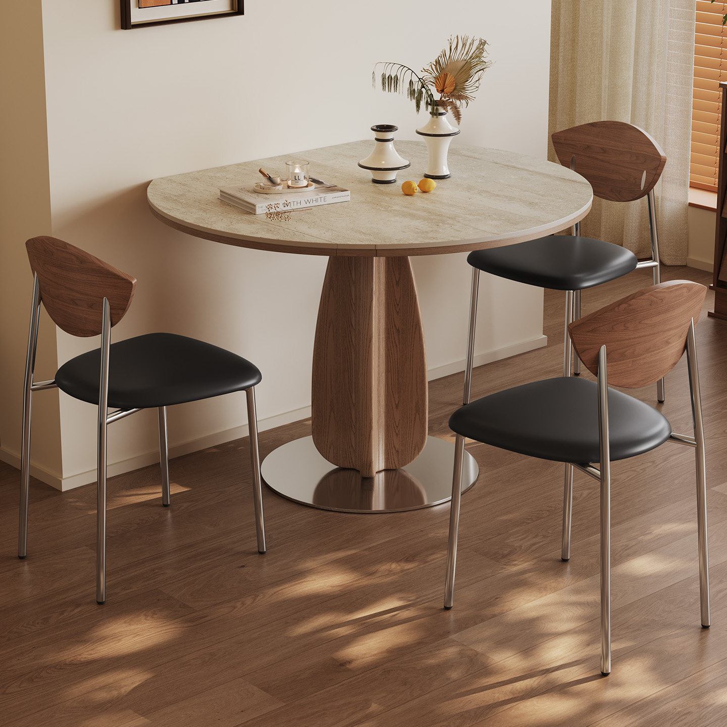 洞石岩板圆桌中古风2025新款家用小户型方圆两用可伸缩实木餐桌