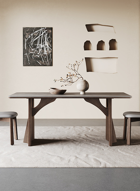北欧实木餐桌轻奢简约现代中古风长方形2025新款灰色意式岩板餐桌
