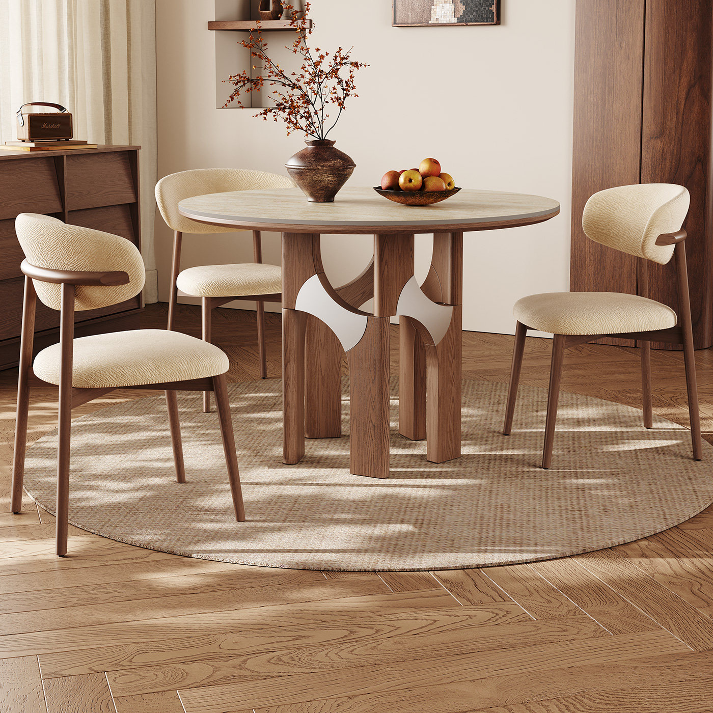 洞石岩板餐桌2026新款家用客厅圆形饭桌中古风胡桃木色实木圆桌