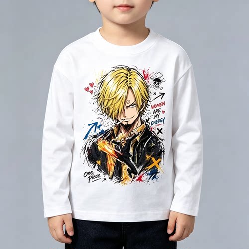 ONE PIECE衣服海贼王路飞长袖T恤秋冬季儿童纯棉打底衫圆领上衣