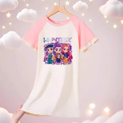 猎魔女团粉插白女童睡裙夏季新款儿童睡衣女孩睡袍长裙宝宝家居裙