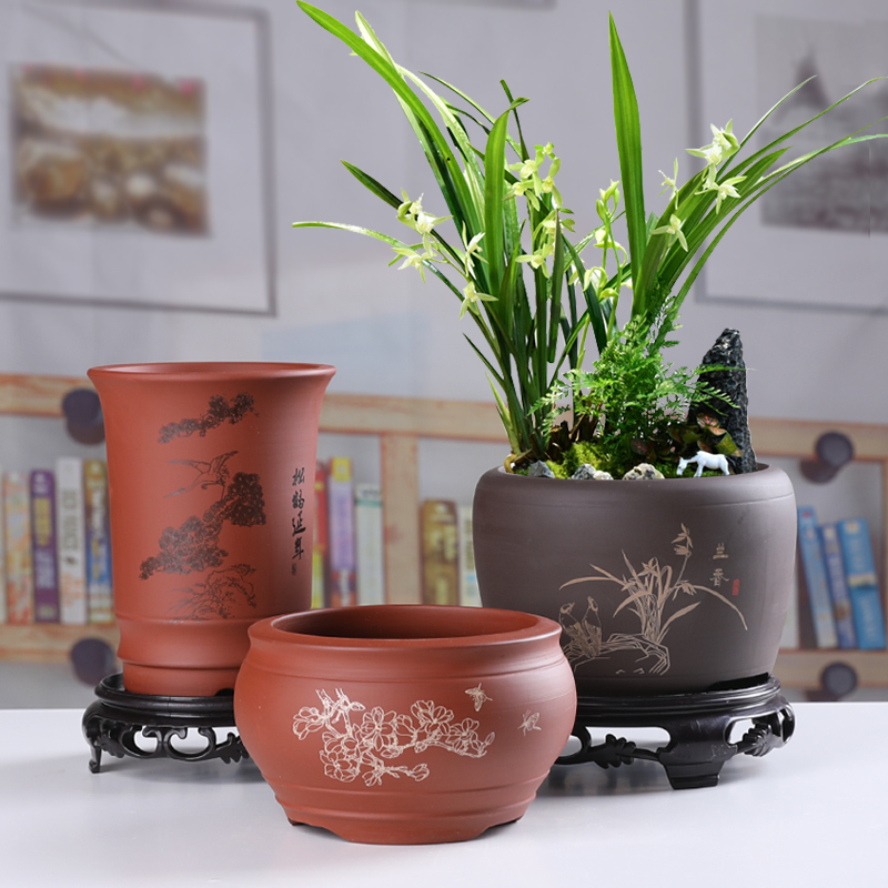 紫砂复古透气花盆家用室内创意陶瓷兰花吊兰多肉桌面盆景特价清仓
