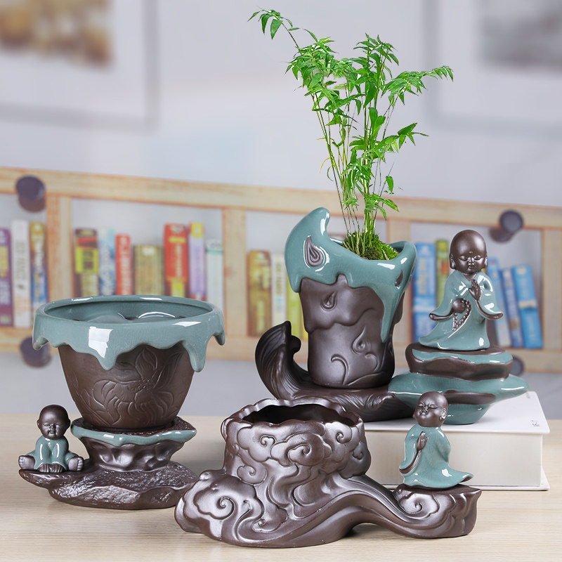 速发紫砂花盆兰花家用陶瓷哥小复古创意窑和桩组合老尚文竹盆