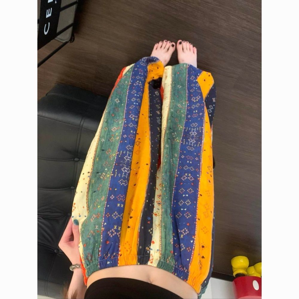 民族度假风彩色条纹印花裤子女夏薄款宽松bf慵懒风高腰休闲阔腿裤