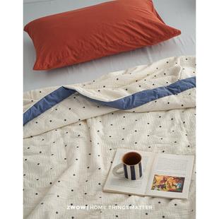 造卧zwow双层皱皱纱黑波点印花篮色包边纯棉全棉薄款 夏被空调被子