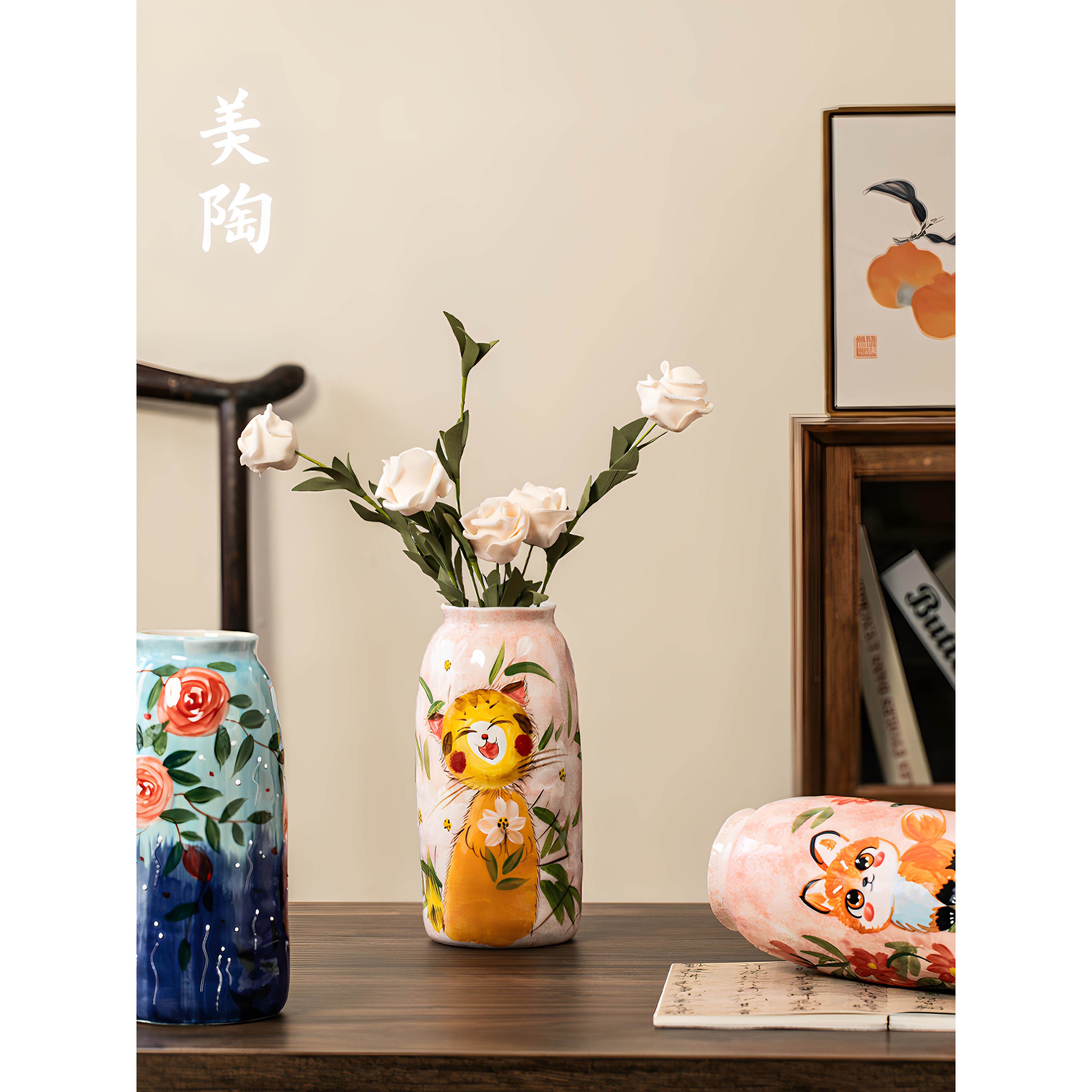 景德镇手绘花瓶高级水培插花器中式客厅玄关桌面装饰摆件陶瓷花瓶