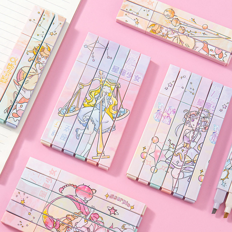 创意十二星座荧光笔淡色系软头手账笔学生书写重点划线标记记号笔