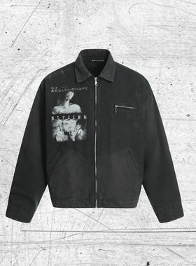 ENDLESS DESIRE 人像印花帆布夹克水洗做旧磨破工装翻领牛仔外套