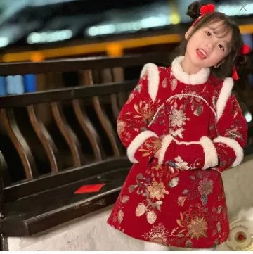 拜年服女童汉服冬款加绒加厚中国风新年服长款儿童旗袍女宝连衣裙