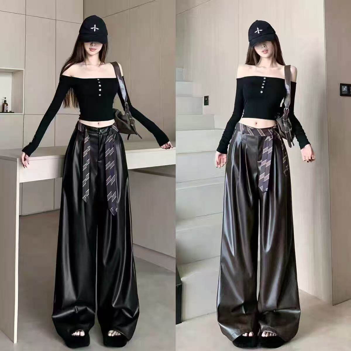 【霞】又酷又飒的PU皮阔腿裤女秋冬新款宽松高腰直筒休闲裤K#30