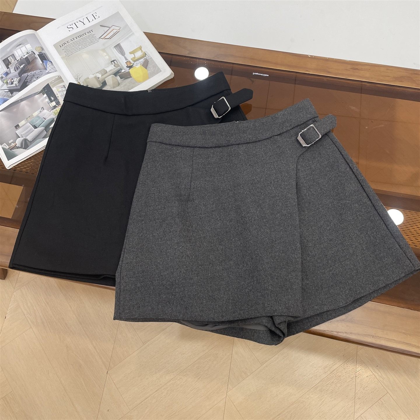 高腰A字宽松不规则毛呢短裤裙新品阔腿百搭休闲裙裤子K#30