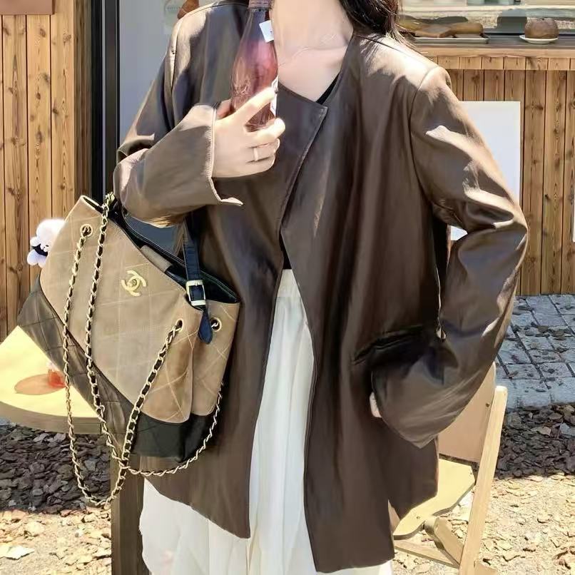 秋季新款韩版时尚V领外套高级感气质型皮衣外套女K#16