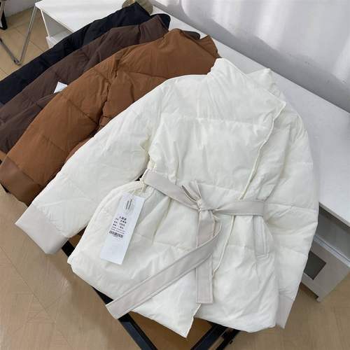 2025冬季新款韩版时尚立领系带收腰棉服拼接皮面长袖外套L