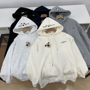 连帽卫衣女2025秋冬新款 宽松保暖刺绣百搭上衣外套L