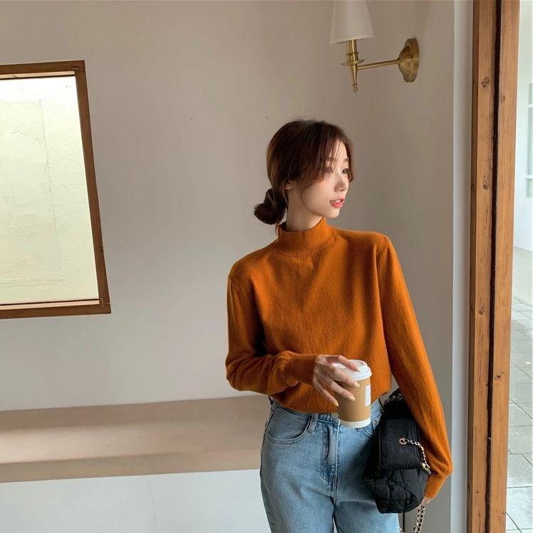 针织衫复古简约纯色半高领修身显瘦百搭打底衫上衣 B#14