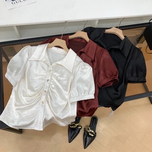 纯色夏季 直筒小众时尚 衬衫 百搭2025方领褶皱短袖 上衣