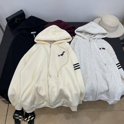 【霞】小狗刺绣加绒外套女秋冬宽松连帽上衣条纹拉链开衫外套L#21