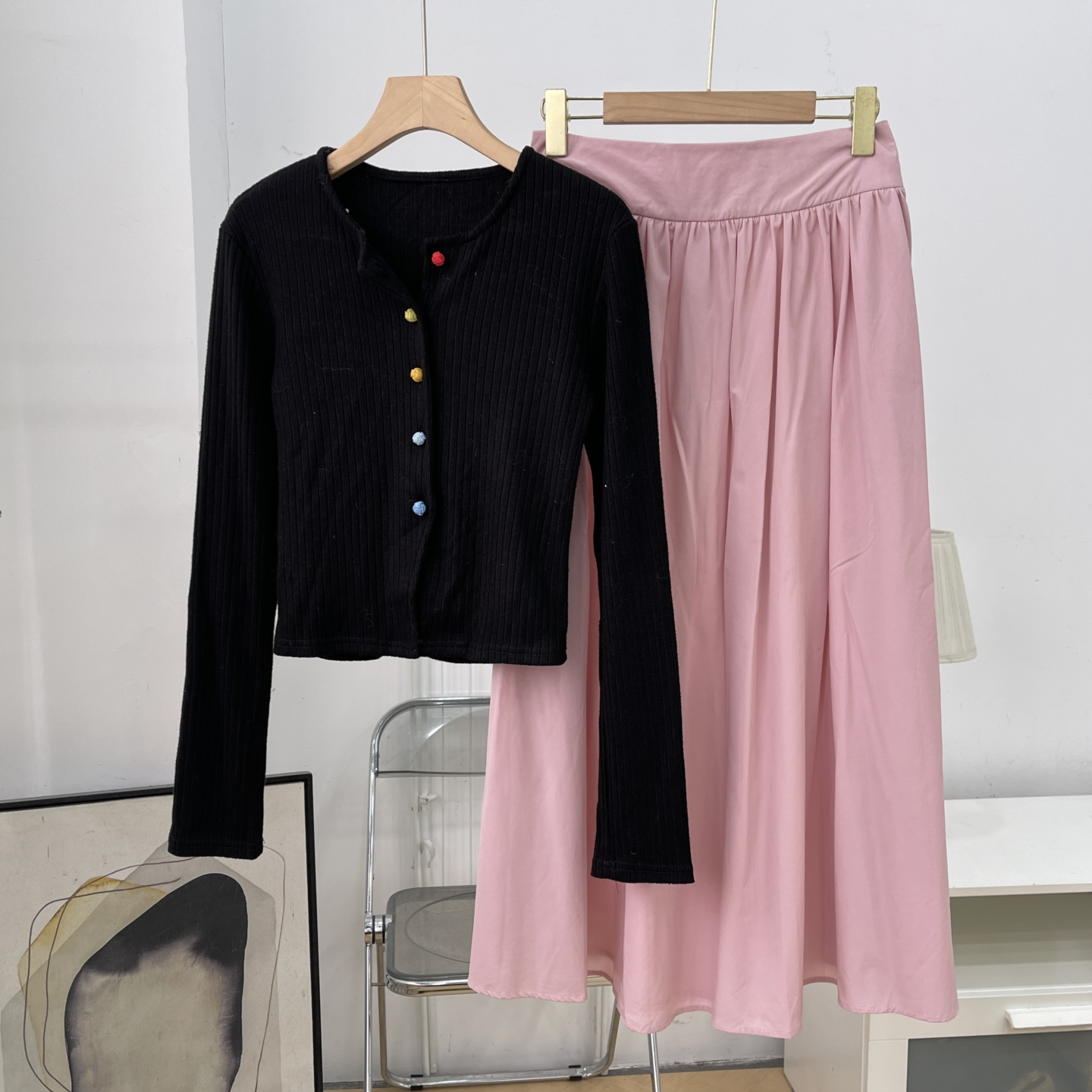 软糯彩色纽扣圆领针织上衣设计感修身百搭显瘦清新套装K#16