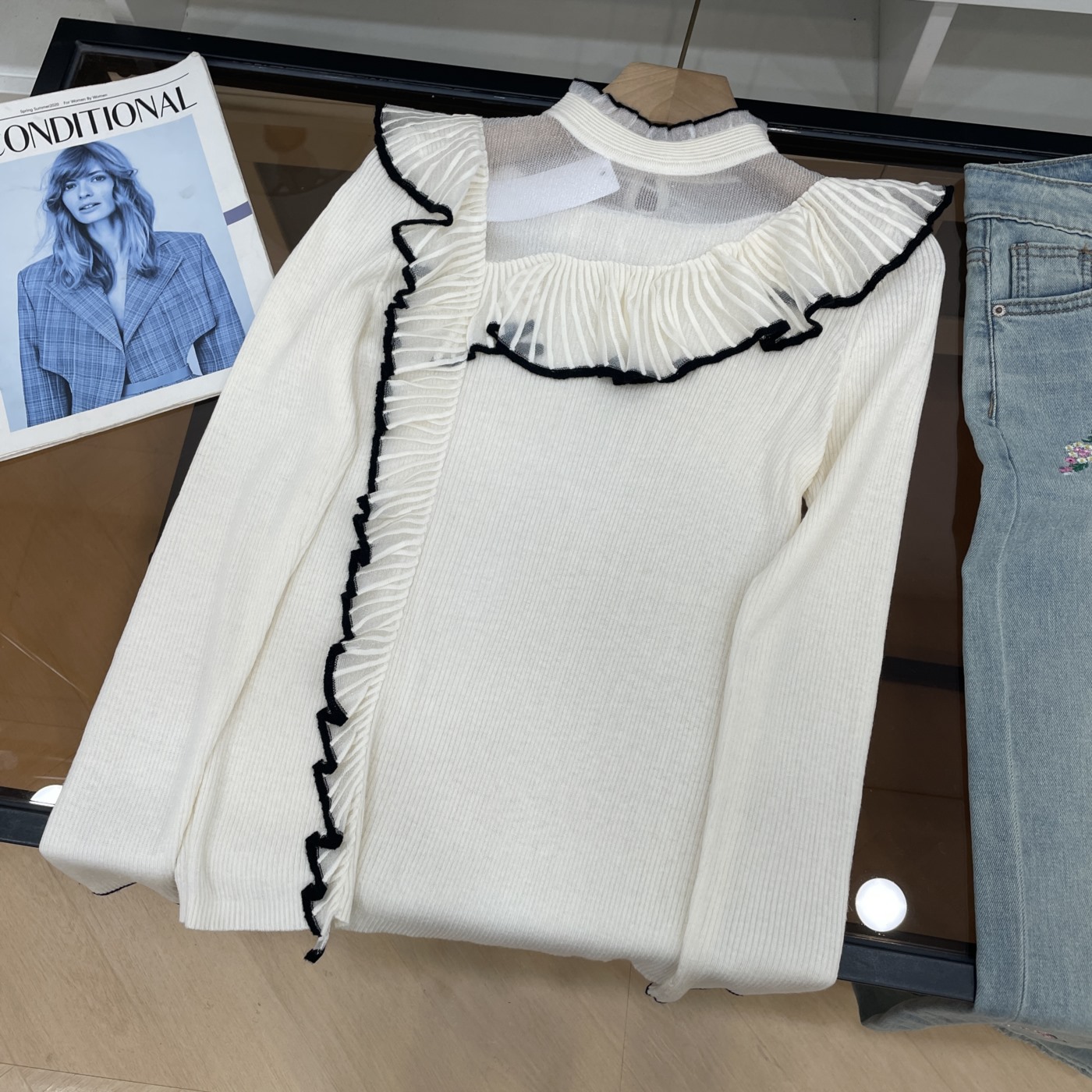 针织衫圆领花边拼接小众百搭长袖直筒上衣女 I#19