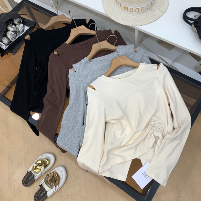 T恤长袖秋季新款露肩设计感不规则设计感打底上衣 I#5