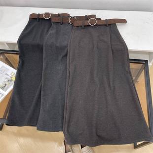 毛呢配腰带半身裙女秋冬2025新款 高腰显瘦包臀半身裙L