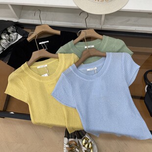 上衣女 纯色修身 显瘦短款 夏季 针织T恤短袖 薄款