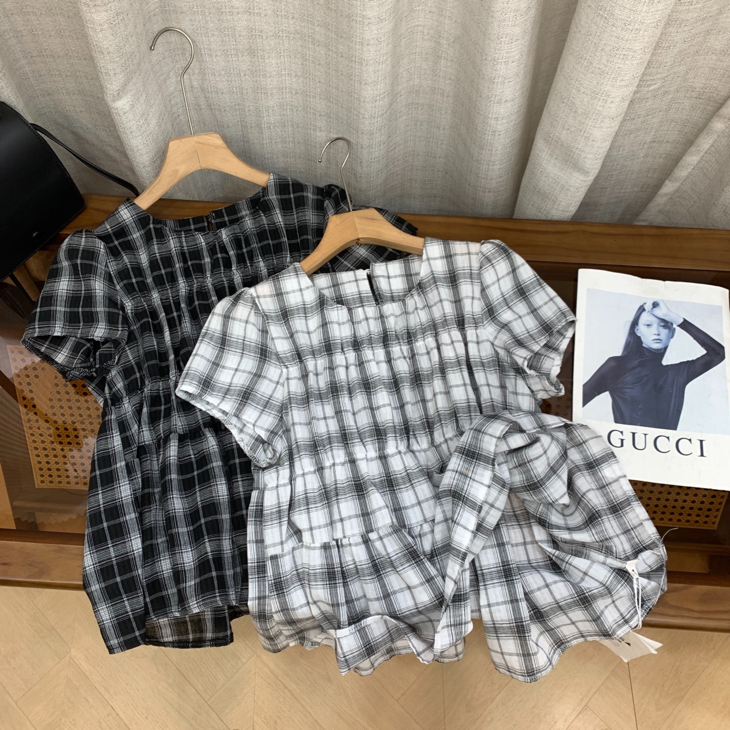 衬衫新款夏季格纹显瘦圆领短袖单排扣上衣女小众G#12