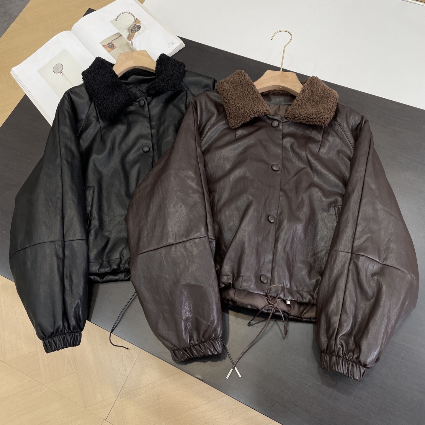 【霞】PU外套秋季新款纯色宽松长袖毛领小众设计上衣女 J#24