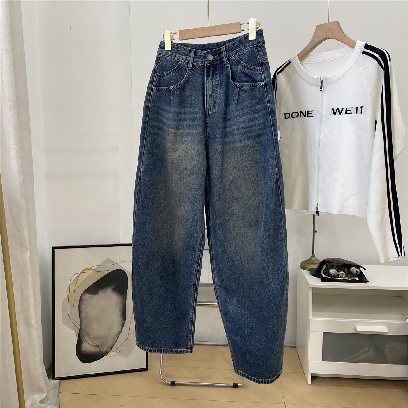 直筒牛仔裤梨形身材大码显瘦宽松高腰九分弯刀阔腿裤K#30